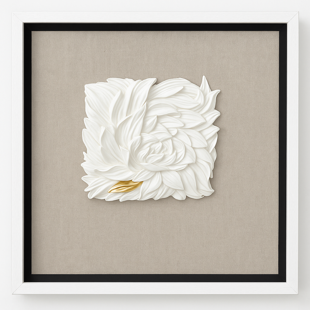 Cuadro Decorativo en Relieve Blanco con Detalle Dorado – Arte Moderno con Marco Blanco