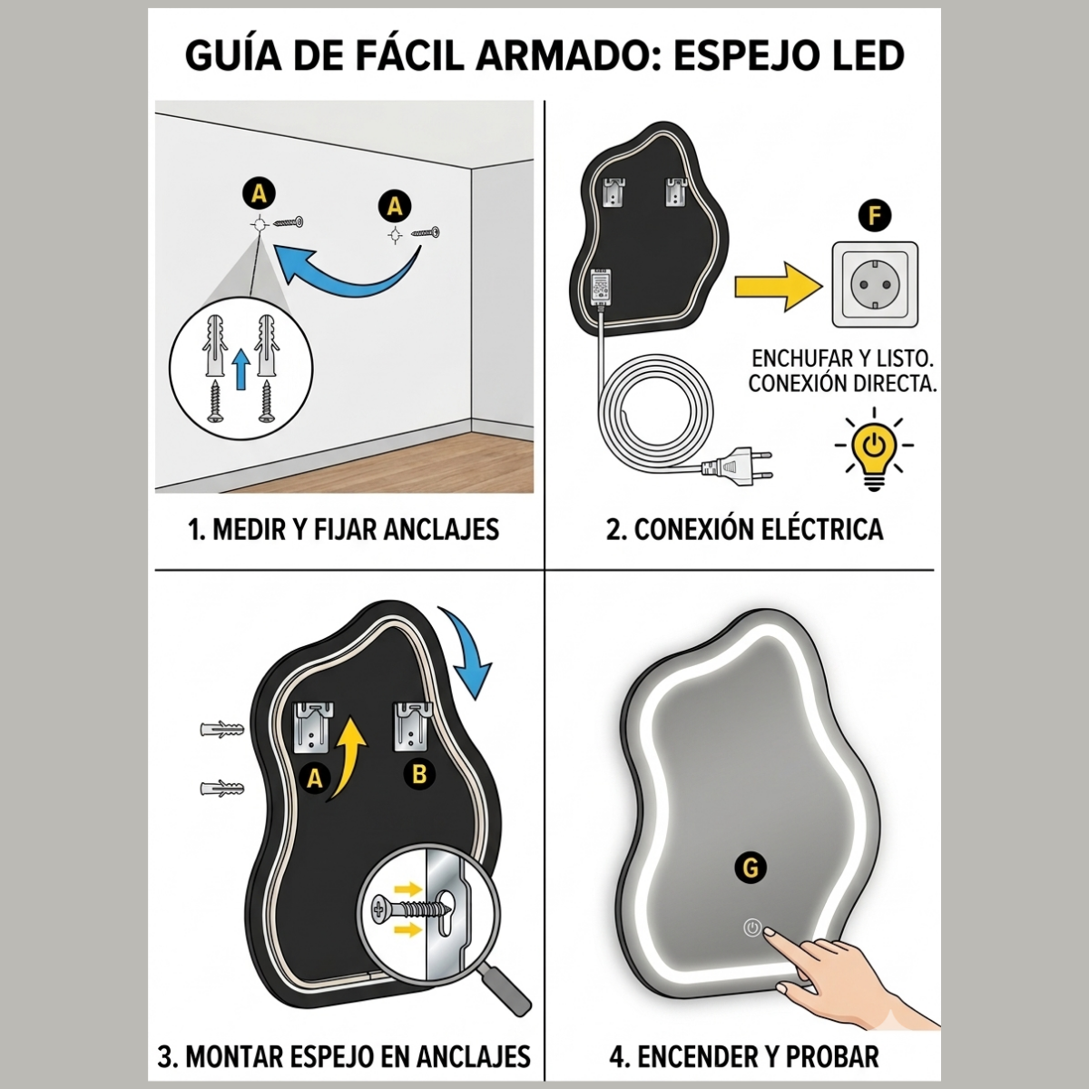 Espejo con Luz LED Táctil para Baño – 3 Funciones de Iluminación | Moderno