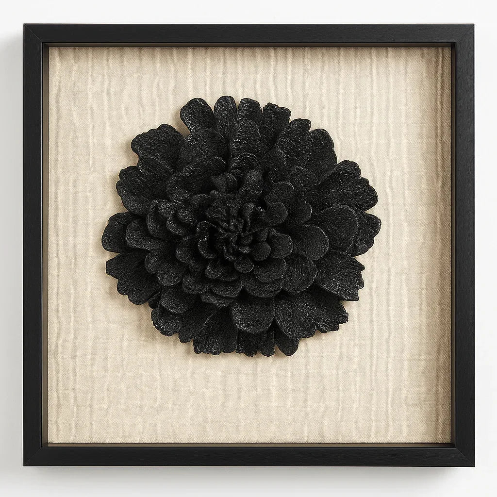 Cuadro Decorativo en Relieve con Flor Negra – Elegancia Moderna con Marco Negro - KB Home