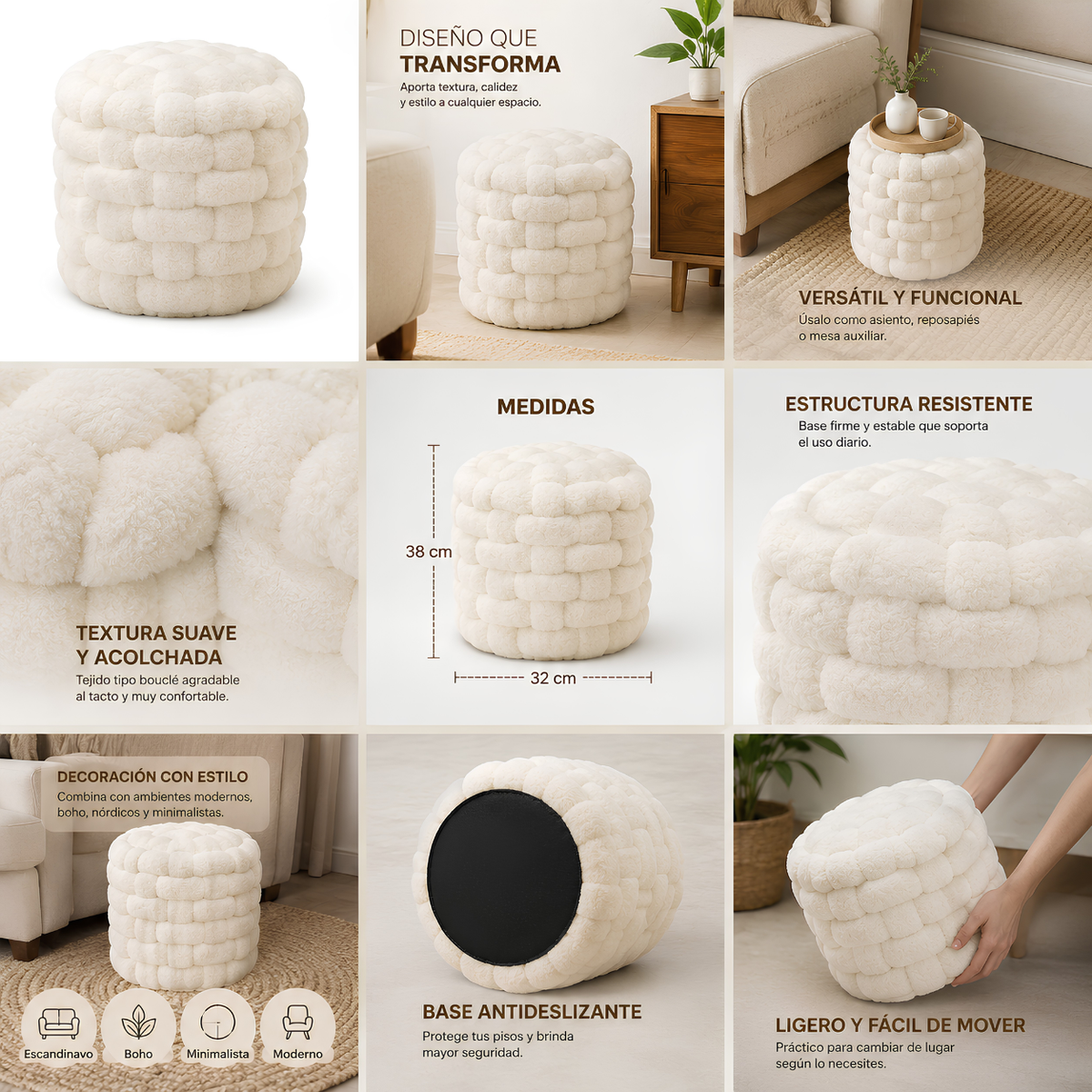 Puff Bouclé Tejido en Relieve – Color Crudo 38x32 cm