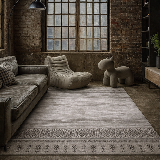 Alfombra Decorativa Gris con Diseño Étnico – Estilo Industrial Moderno