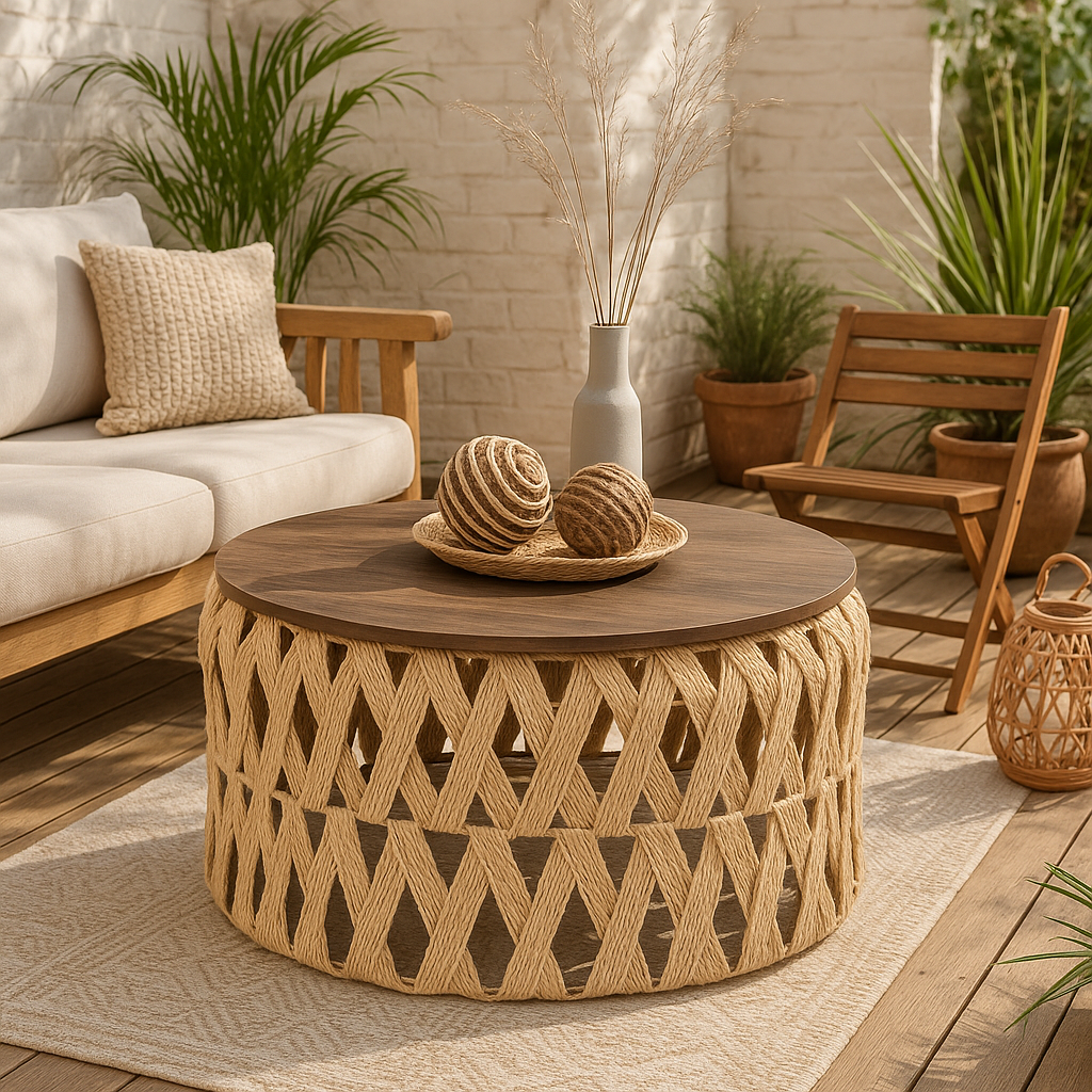 Mesa Centro o Auxiliar de Yute y Madera – Estilo Natural | Disponible en Tamaño Mediano y Grande