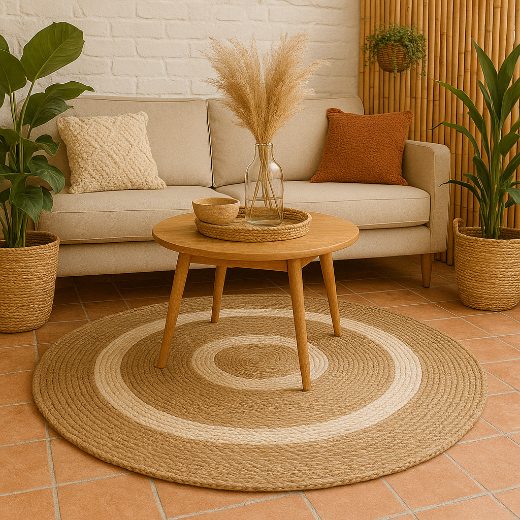 Alfombra Redonda de Yute Natural con Diseño de Aros Concéntricos – Estilo Boho Chic