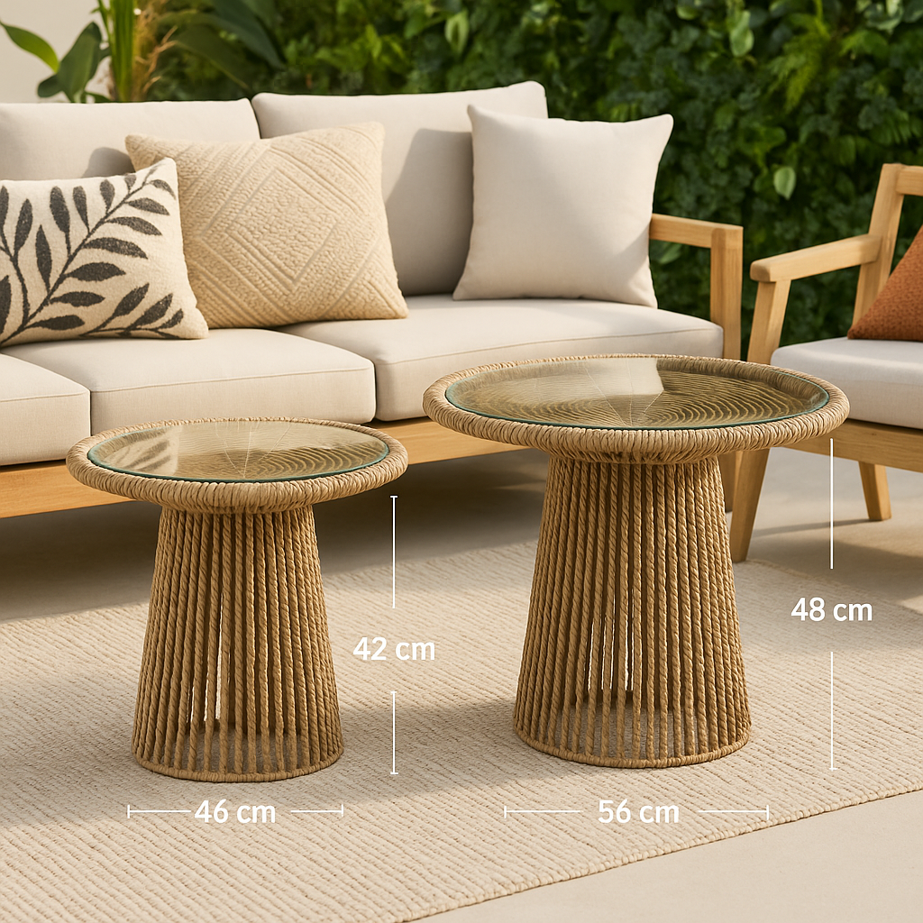 Mesas Laterales con Base de Cuerda Tejida de Yute y Cubierta de Vidrio – 2 Tamaños