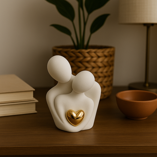 Escultura decorativa de pareja con corazón dorado – Estilo minimalista moderno en blanco y oro