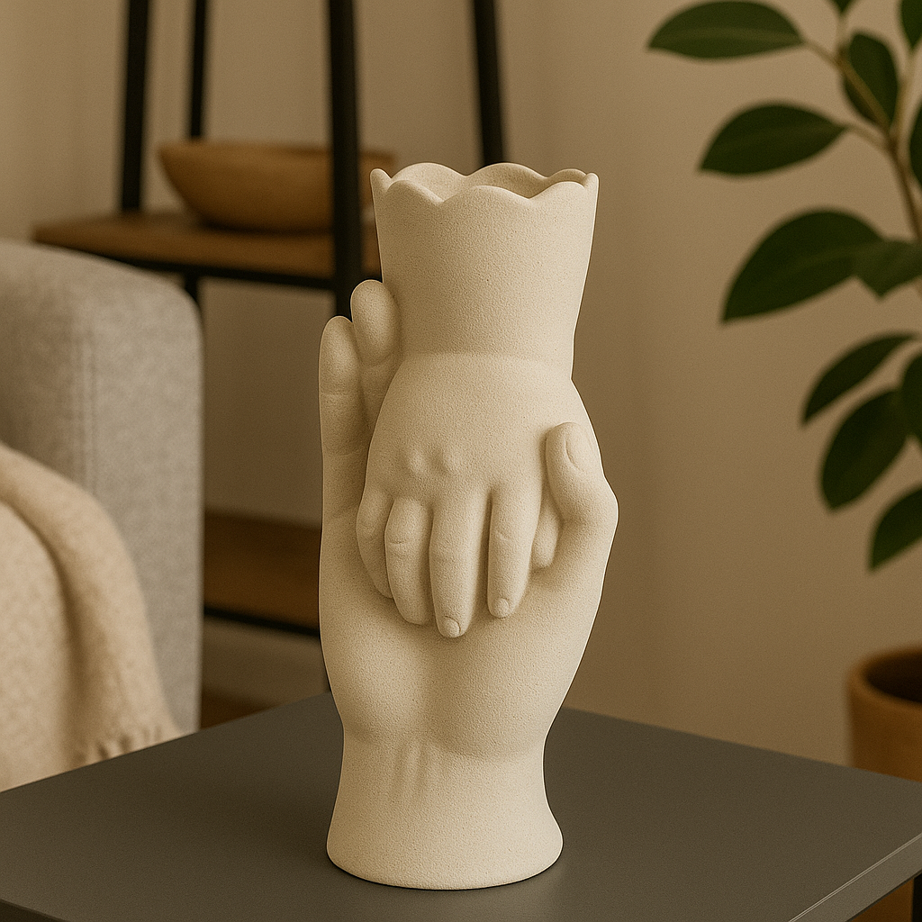 Jarrón Decorativo en Forma de Mano Sosteniendo Mano de Niño – Estilo Escultórico Moderno