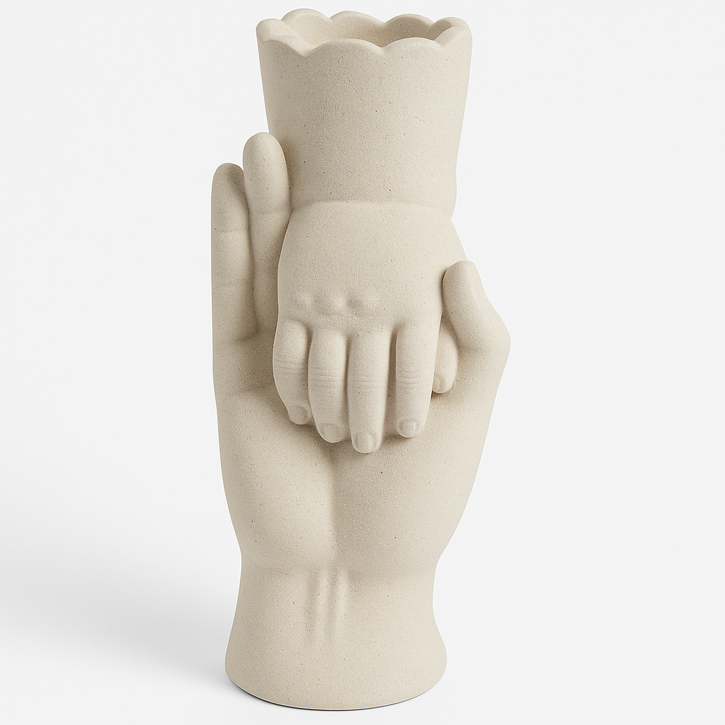 Jarrón Decorativo en Forma de Mano Sosteniendo Mano de Niño – Estilo Escultórico Moderno