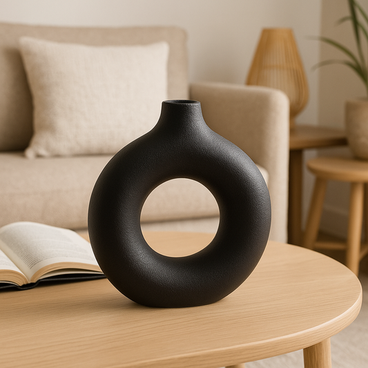 Jarrón Decorativo Redondo Hueco Negro Mate – Estilo Moderno Minimalista