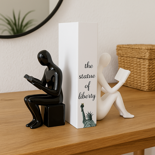 Pack Decorativo con Estatuas Minimalistas en Blanco y Negro + Libro Estatua de la Libertad – Moderno y Elegante