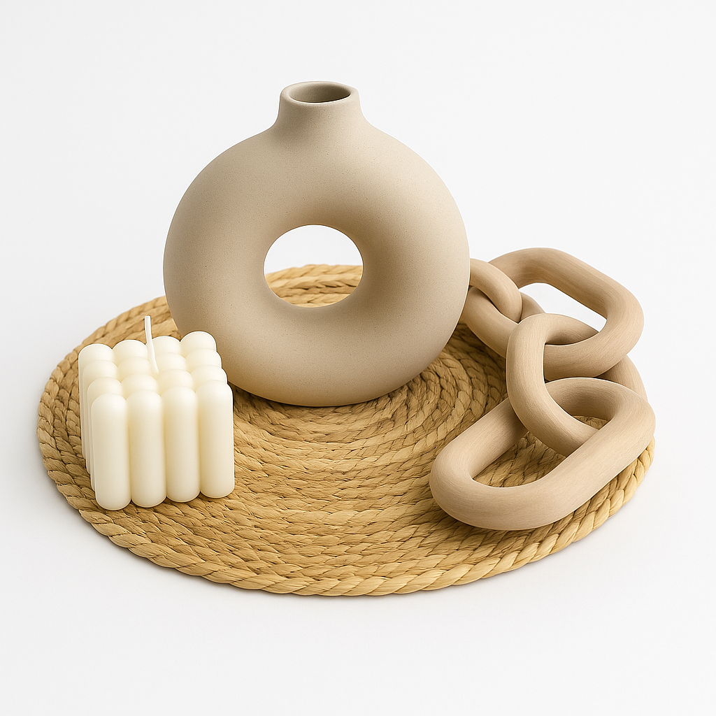 Pack Decorativo Minimalista con Jarrón Circular, Cadeneta de Madera, Vela Cube y Base de Yute + ENVIO GRATIS + REGALO SORPRESA 🎁
