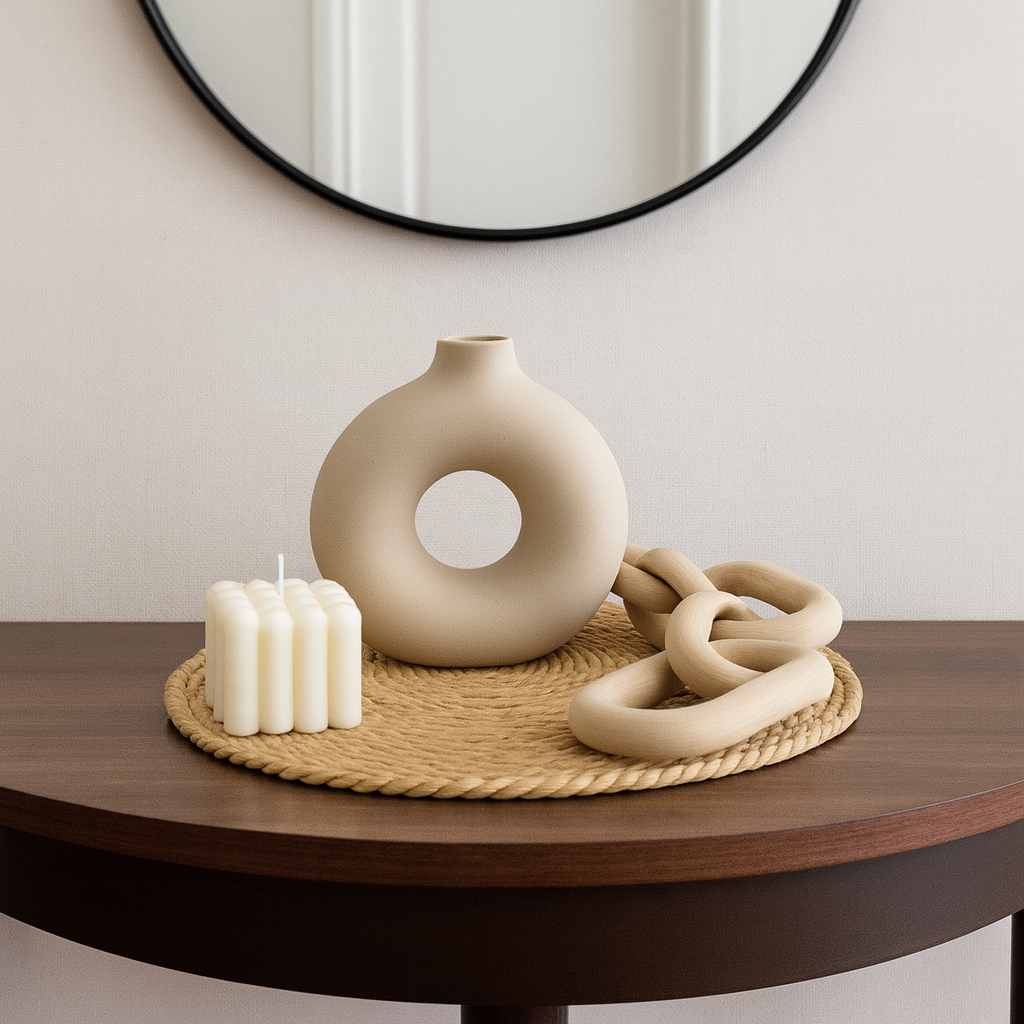 Pack Decorativo Minimalista con Jarrón Circular, Cadeneta de Madera, Vela Cube y Base de Yute + ENVIO GRATIS + REGALO SORPRESA 🎁