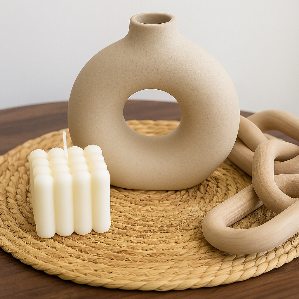Pack Decorativo Minimalista con Jarrón Circular, Cadeneta de Madera, Vela Cube y Base de Yute + ENVIO GRATIS + REGALO SORPRESA 🎁