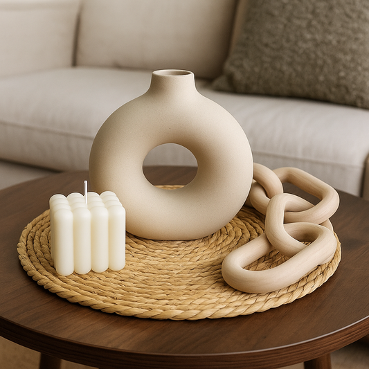 Pack Decorativo Minimalista con Jarrón Circular, Cadeneta de Madera, Vela Cube y Base de Yute + ENVIO GRATIS + REGALO SORPRESA 🎁