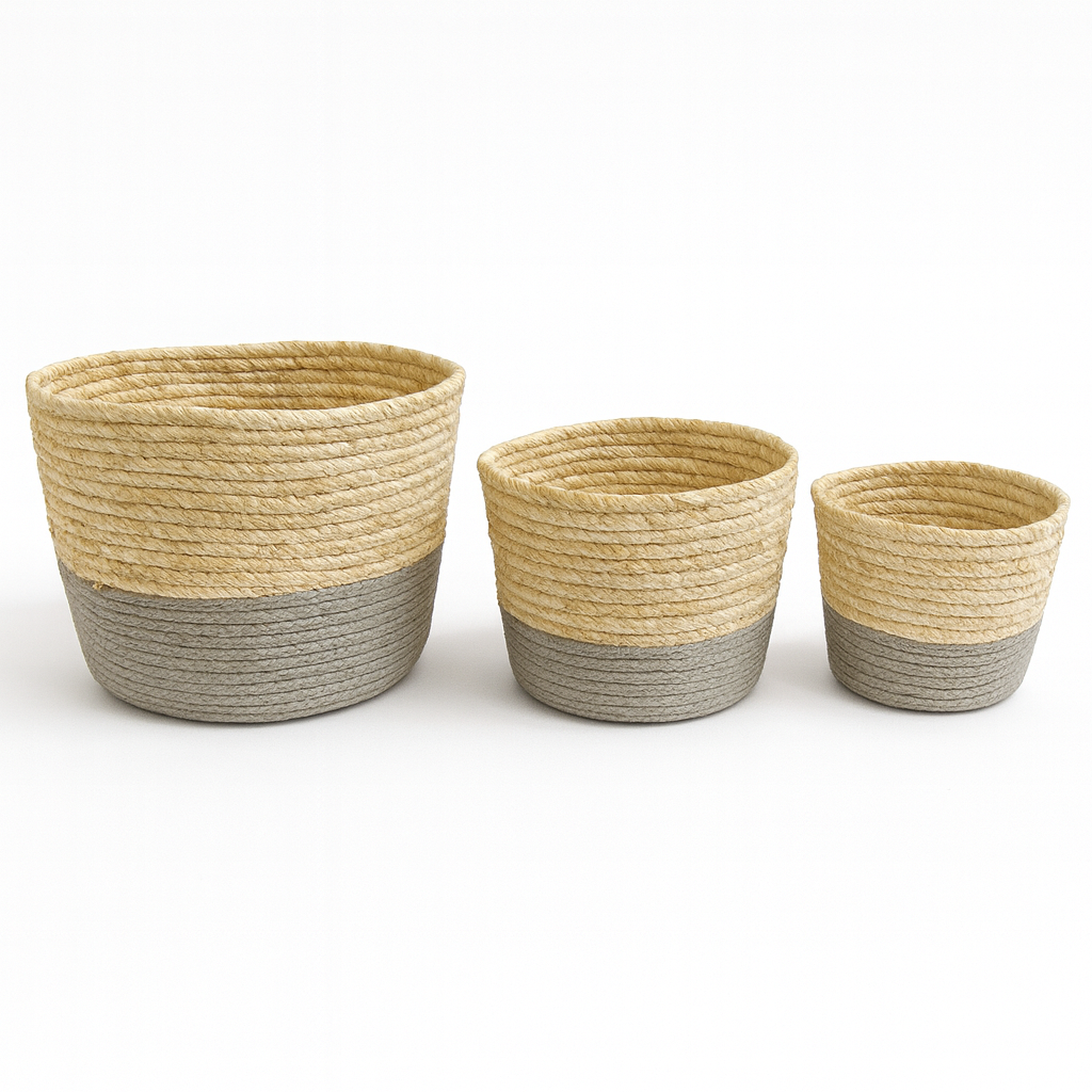 Set de Cestas de Yute Natural con Base Gris de 3 Tamaños