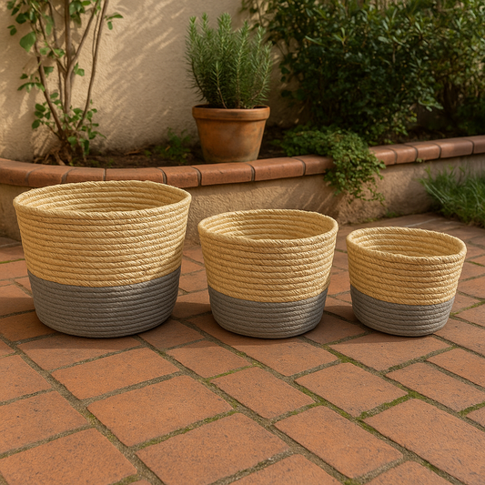Set de Cestas de Yute Natural con Base Gris de 3 Tamaños