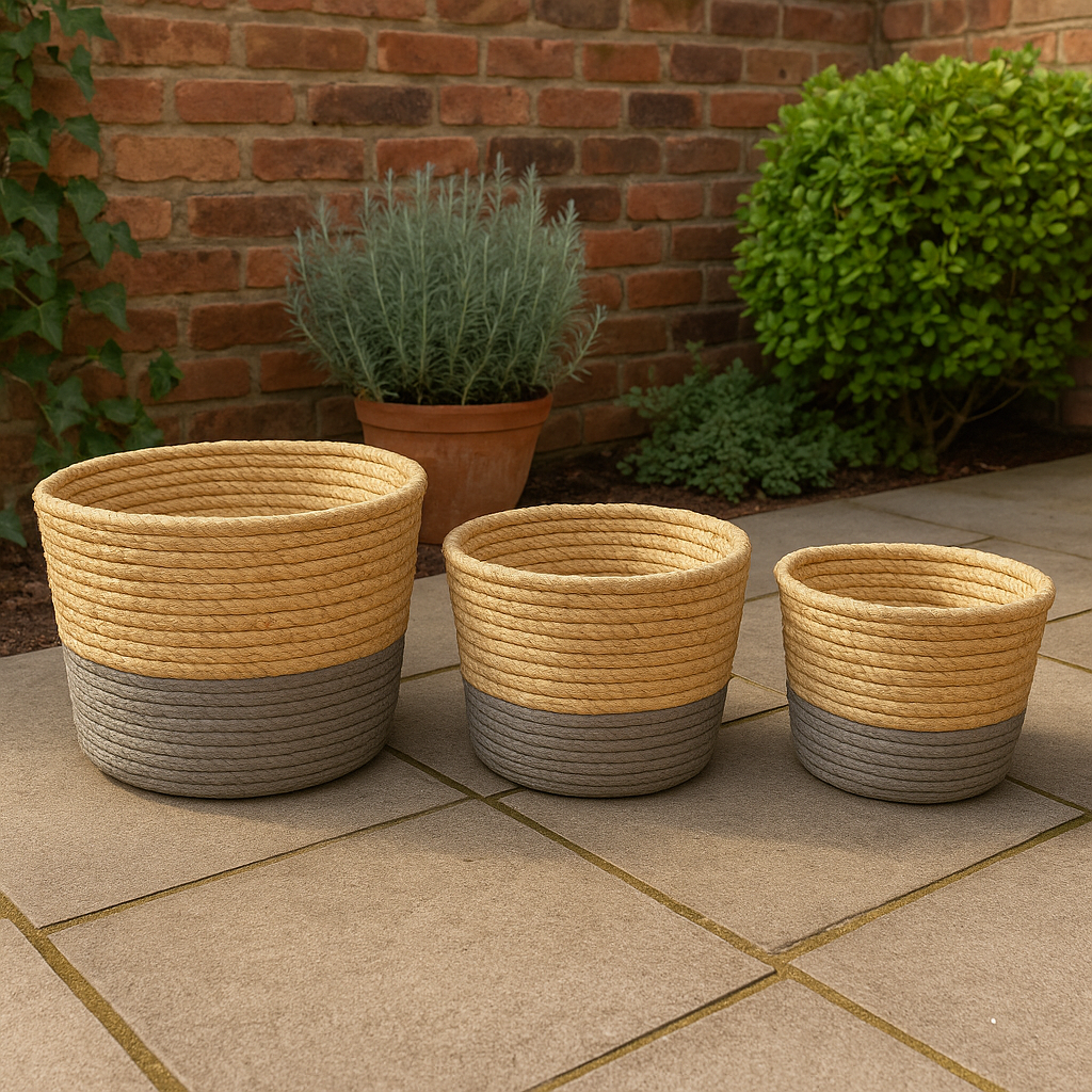 Set de Cestas de Yute Natural con Base Gris de 3 Tamaños