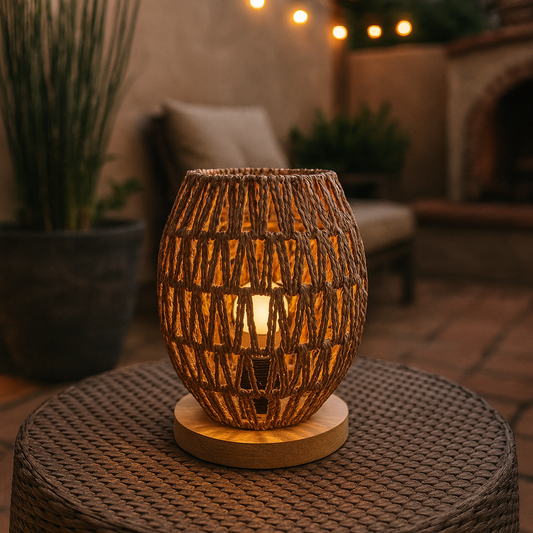 Lámpara de Mesa de Yute Tejido a Mano con Base de Madera