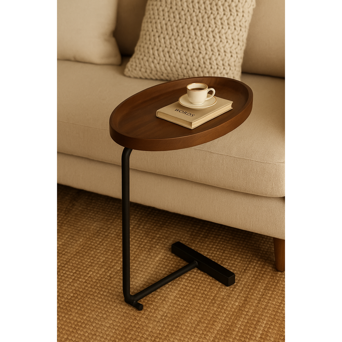 Mesa Auxiliar Tipo C Ovalada de Madera y Metal – Diseño Moderno y Funcional