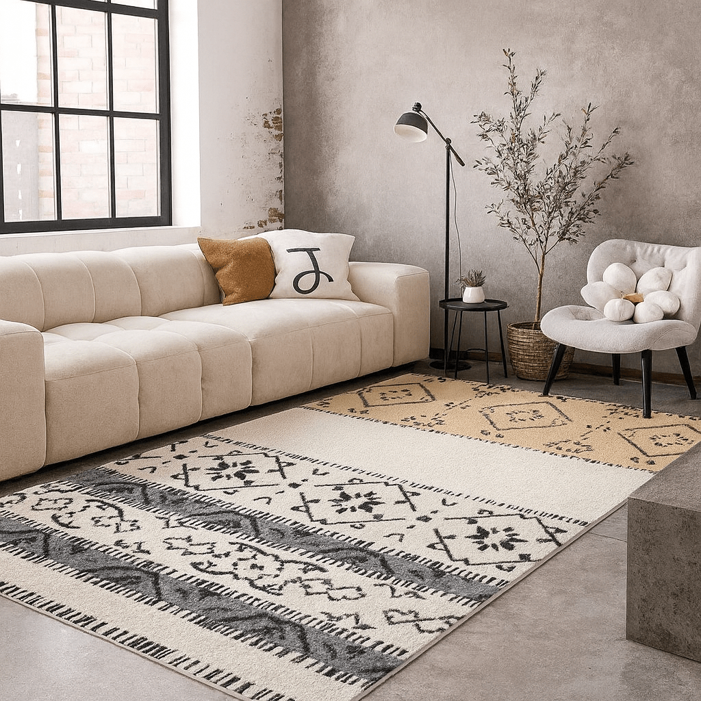 Alfombra Boho Étnica en Tonos Neutros y Grises - KB Home