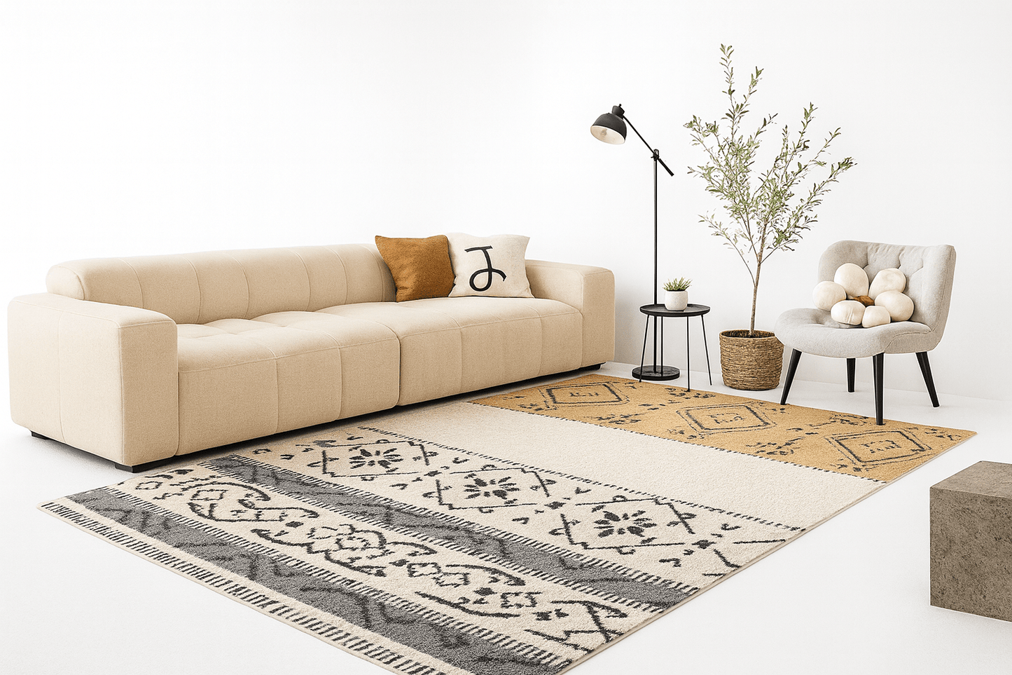 Alfombra Boho Étnica en Tonos Neutros y Grises - KB Home