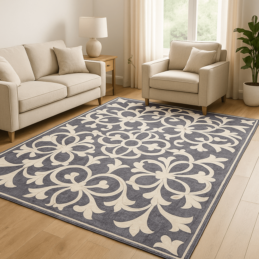 Alfombra Decorativa de Diseño Floral Gris & Blanco - KB Home