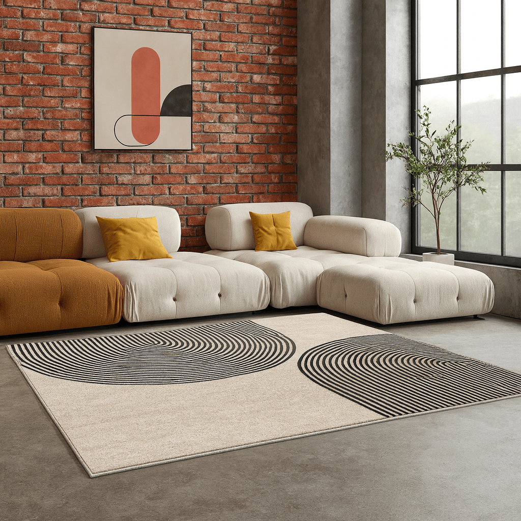 Alfombra Minimalista Círculos Concéntricos en Beige y Negro - KB Home