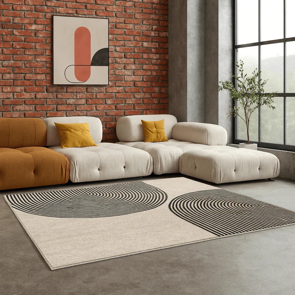 Alfombra Minimalista Círculos Concéntricos en Tonos Grises, Beige y Negro - KB Home