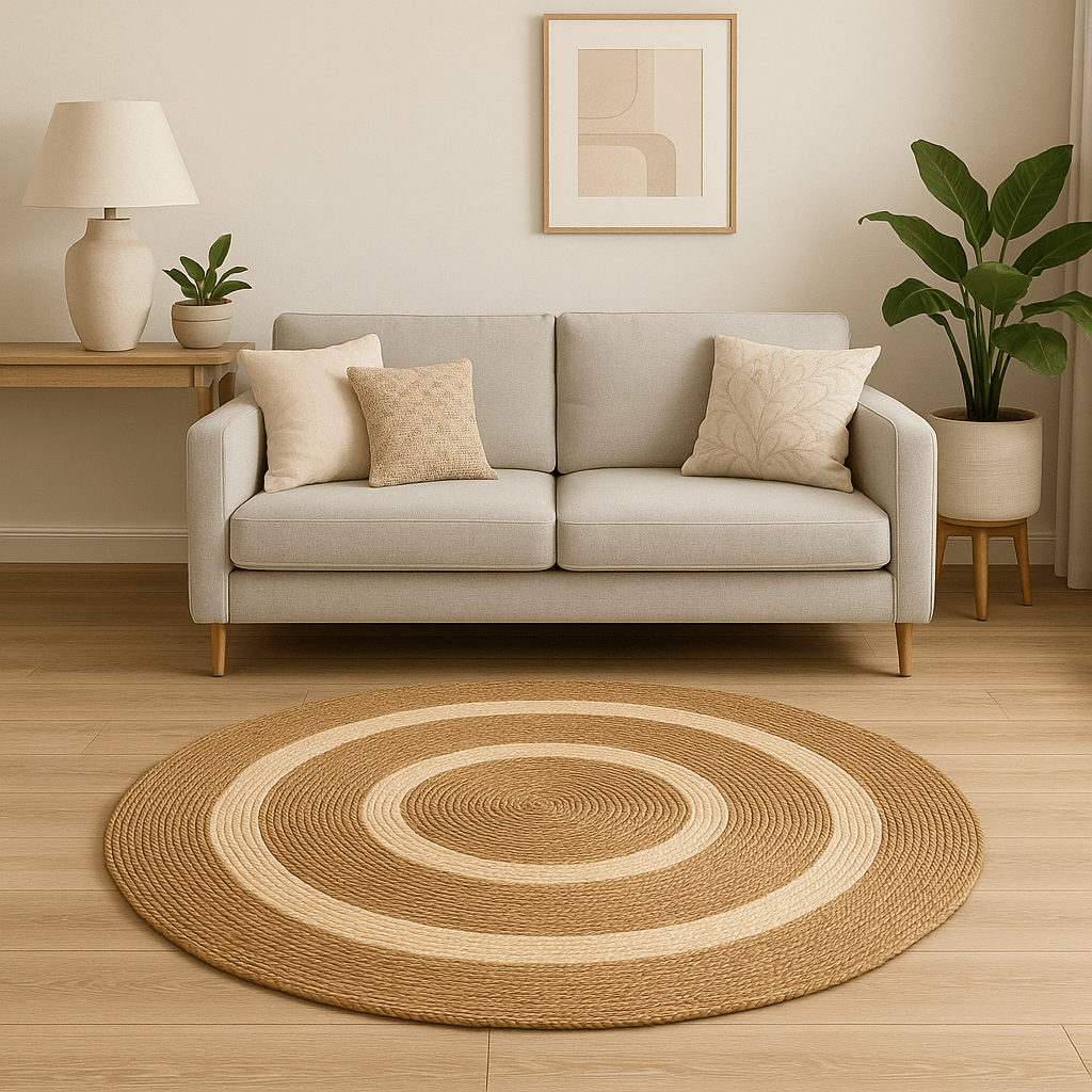 Alfombra Redonda de Yute Natural con Diseño de Aros Concéntricos – Estilo Boho Chic - KB Home