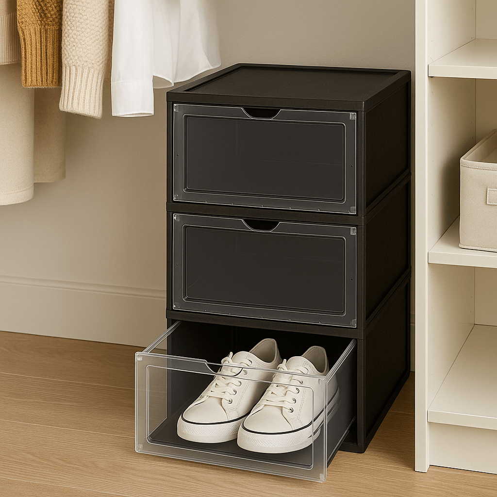 Cajas Organizadoras de Zapatos Apilables Negro con Puerta Frontal – Set de 6 Unidades - KB Home