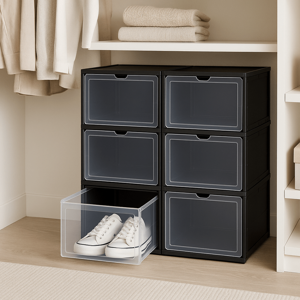 Cajas Organizadoras de Zapatos Apilables Negro con Puerta Frontal – Set de 6 Unidades - KB Home