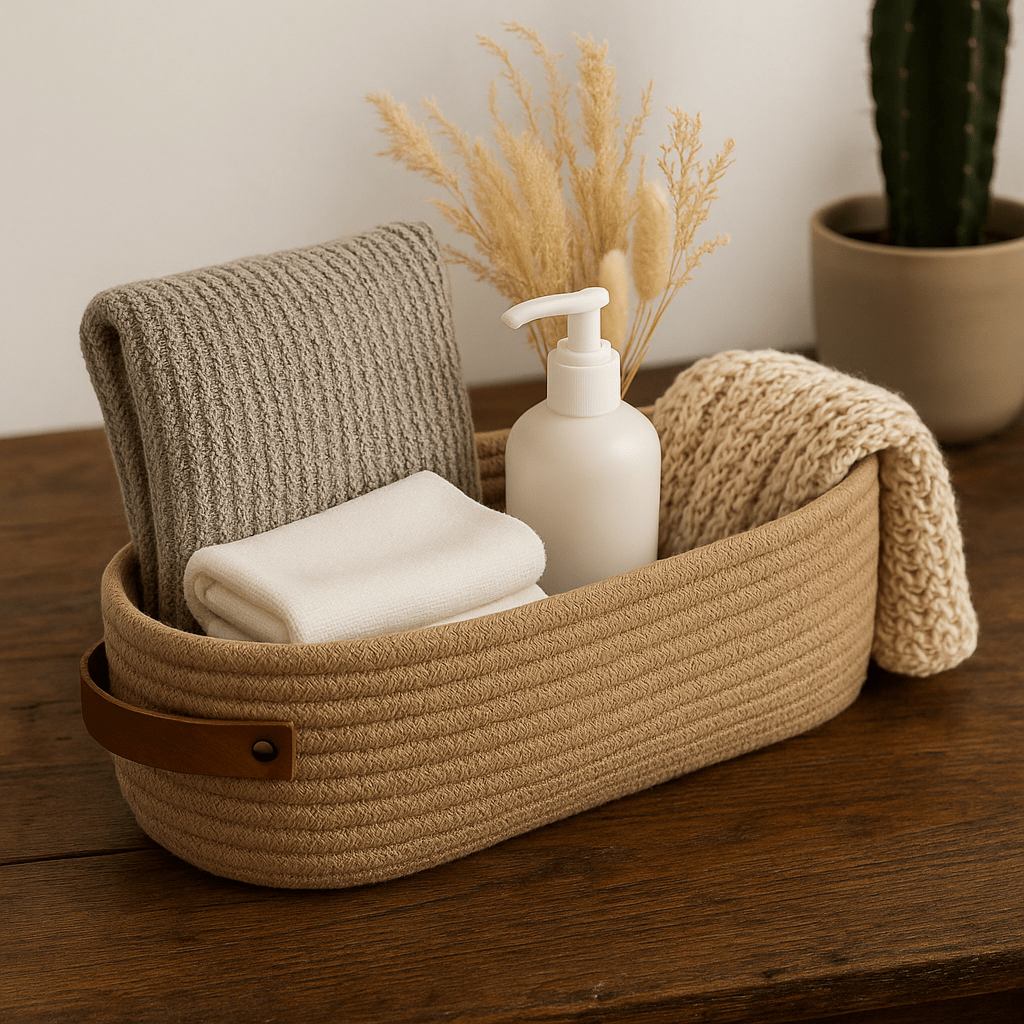 Canasto Organizador de Cuerda con Asa de Cuero - KB Home