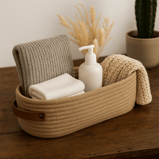 Canasto Organizador de Cuerda con Asa de Cuero - KB Home