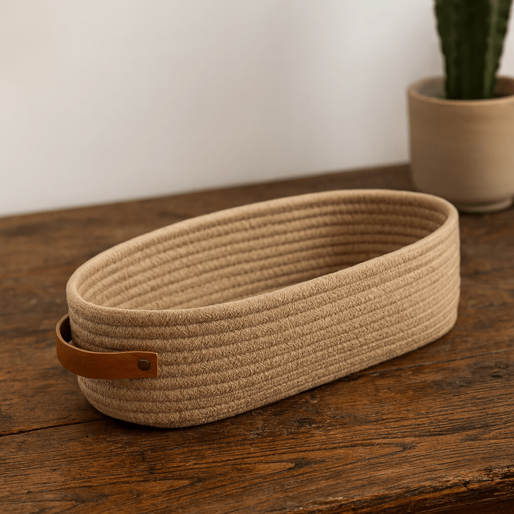 Canasto Organizador de Cuerda con Asa de Cuero - KB Home