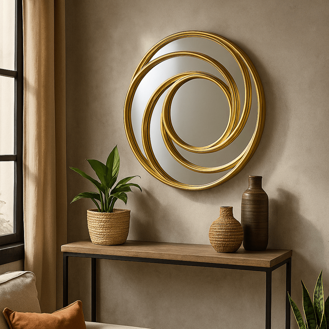 Espejo Redondo Dorado Abstracto – 68 cm - KB Home