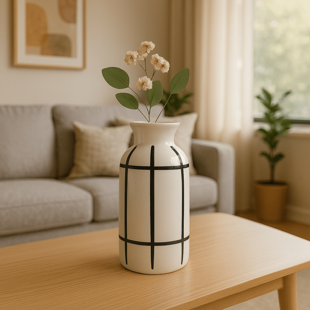 Jarrón de Cerámica Blanca con Líneas Negras - KB Home