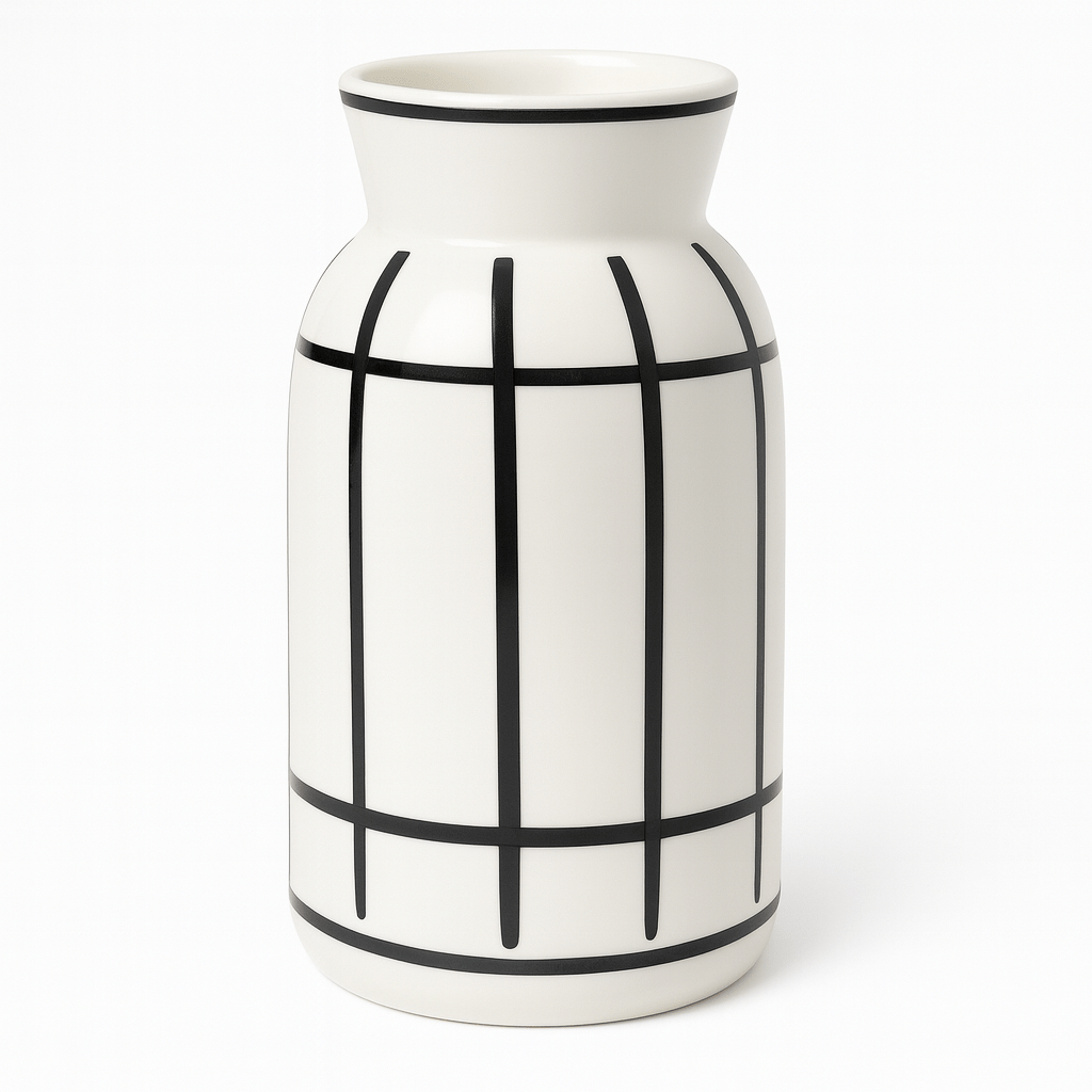 Jarrón de Cerámica Blanca con Líneas Negras - KB Home