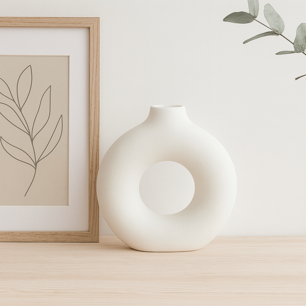 Jarrón Decorativo Blanco Minimalista en Cerámica – Diseño Circular Moderno - KB Home