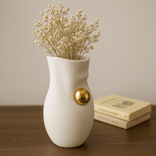 Jarrón Decorativo de Cerámica Blanca con Esfera Dorada - KB Home