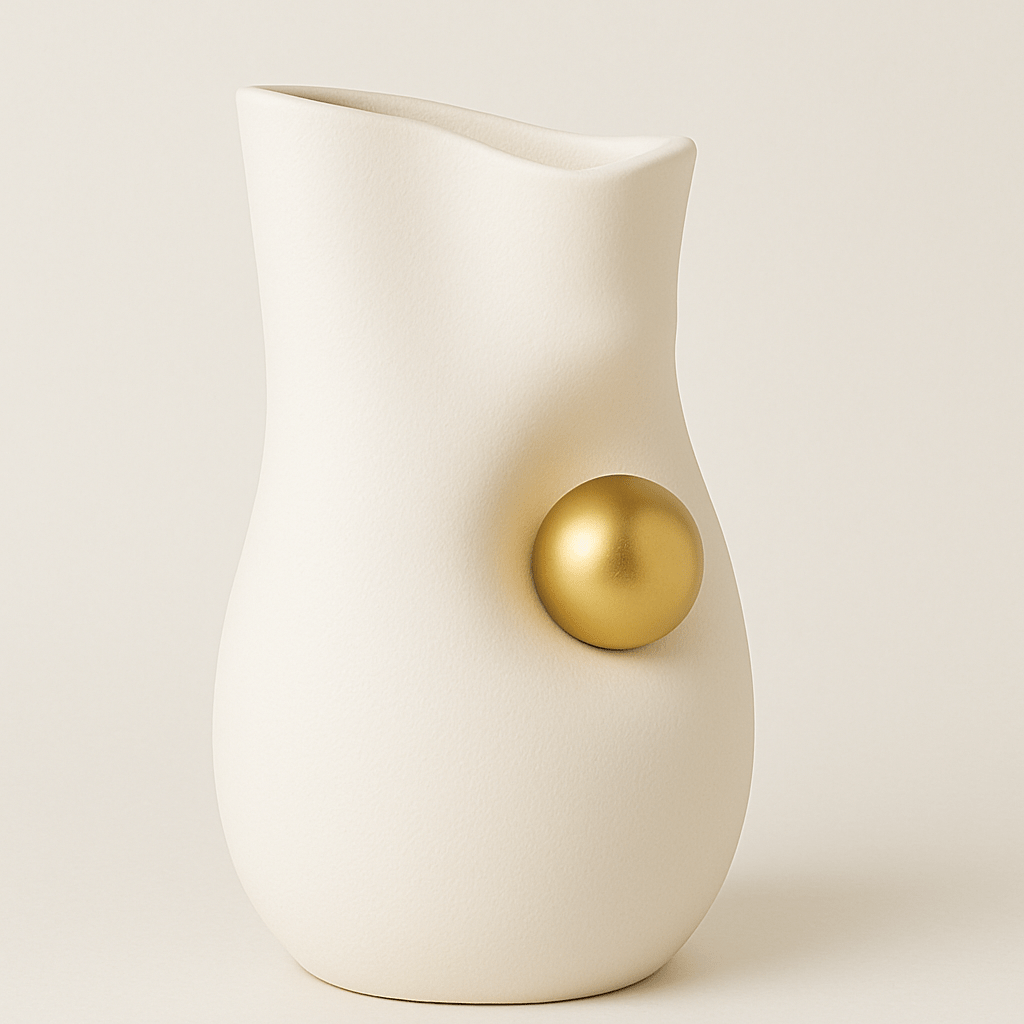 Jarrón Decorativo de Cerámica Blanca con Esfera Dorada - KB Home