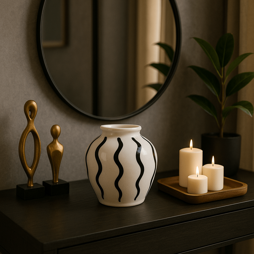 Jarrón Decorativo de Cerámica Blanca con Ondas Negras - KB Home