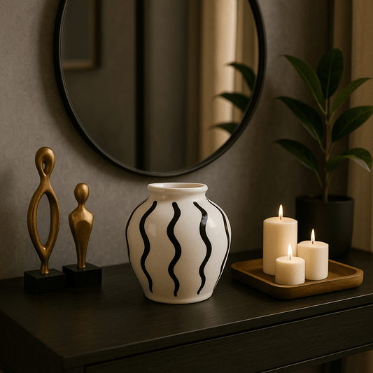 Jarrón Decorativo de Cerámica Blanca con Ondas Negras - KB Home