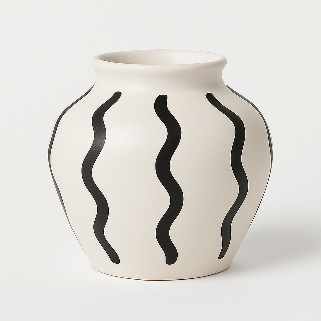 Jarrón Decorativo de Cerámica Blanca con Ondas Negras - KB Home