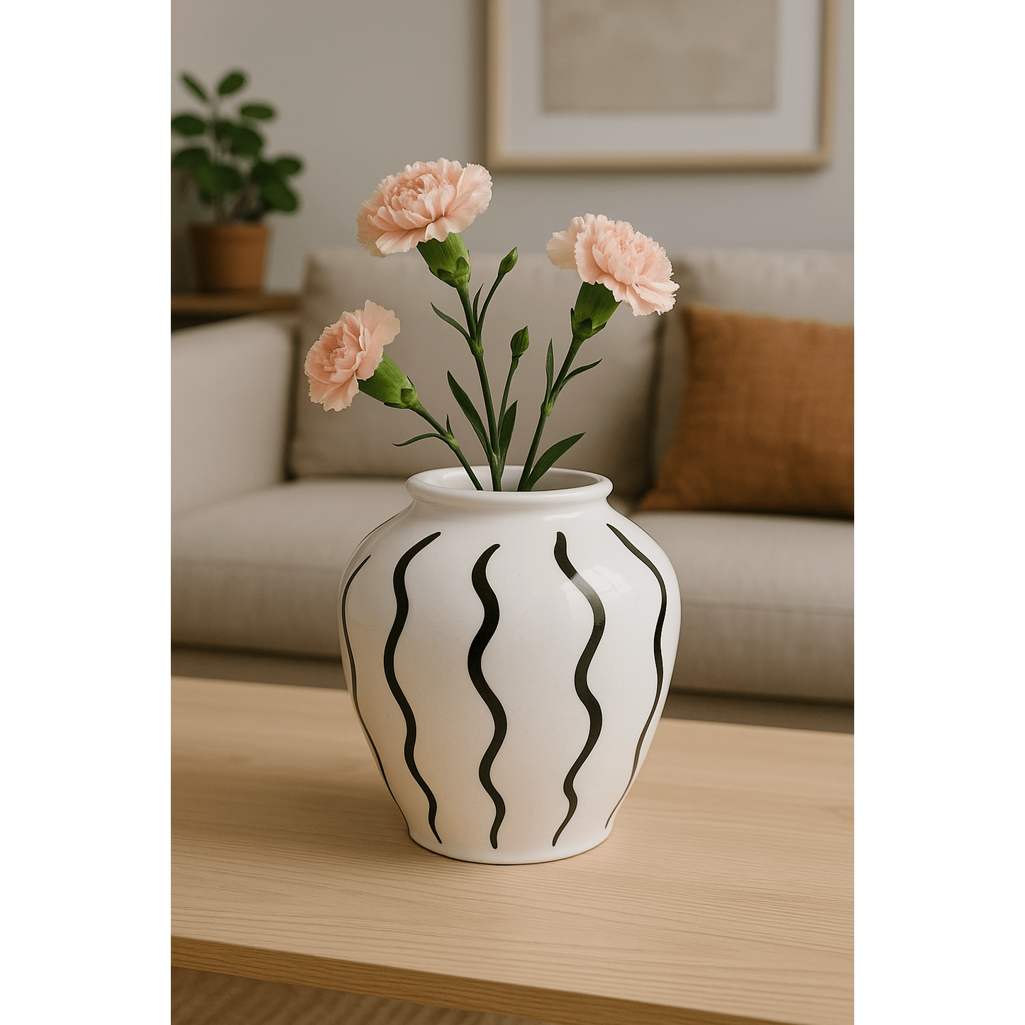 Jarrón Decorativo de Cerámica Blanca con Ondas Negras - KB Home