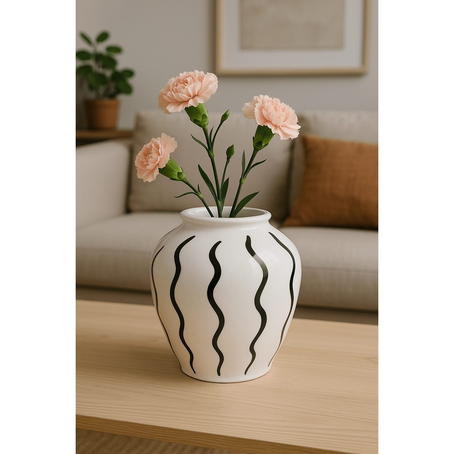 Jarrón Decorativo de Cerámica Blanca con Ondas Negras - KB Home