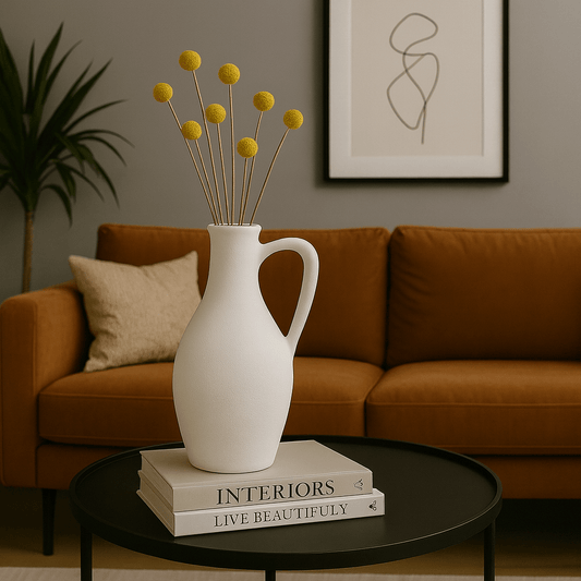 Jarrón Decorativo de Cerámica Blanca Mate con Asa - KB Home