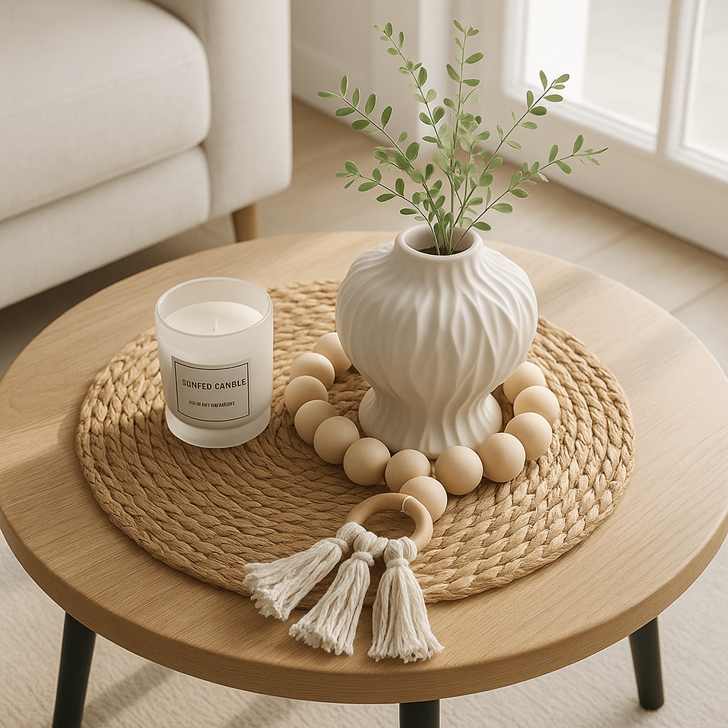 Pack Decorativo “Encanto Natural” – Jarrón + Guirnalda de Madera + Vela Aromática + Base de Yute + "ENVIO GRATIS" - KB Home