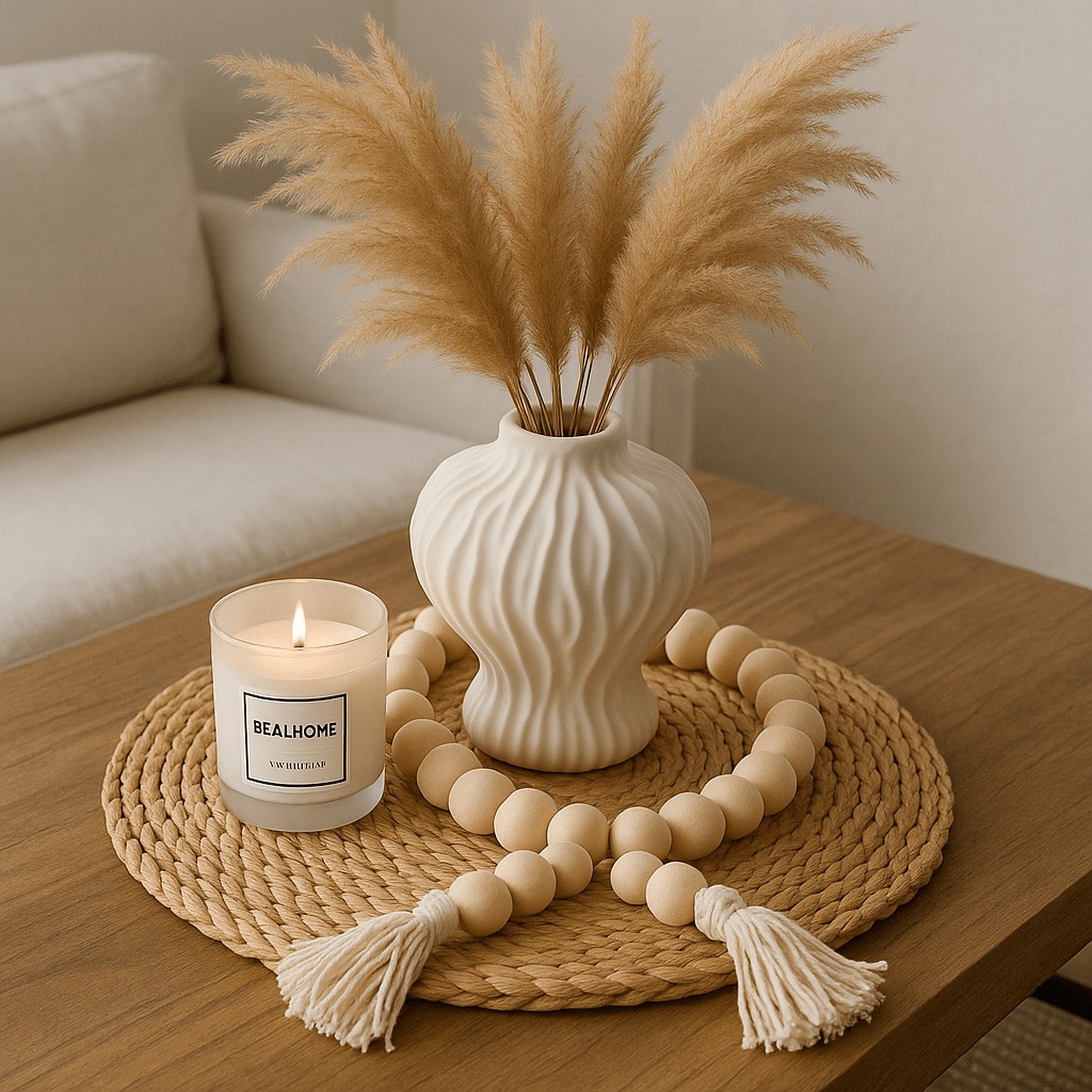 Pack Decorativo “Encanto Natural” – Jarrón + Guirnalda de Madera + Vela Aromática + Base de Yute + "ENVIO GRATIS" - KB Home