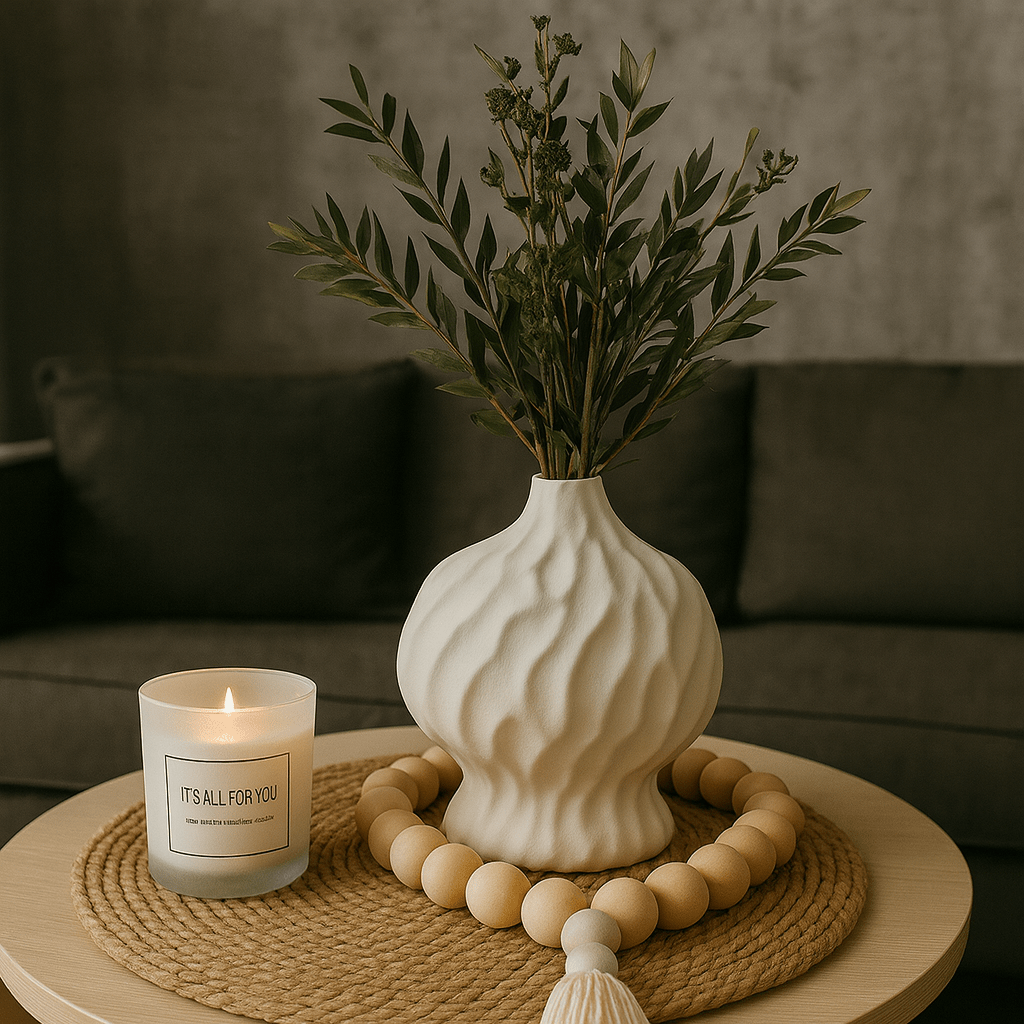 Pack Decorativo “Encanto Natural” – Jarrón + Guirnalda de Madera + Vela Aromática + Base de Yute + "ENVIO GRATIS" - KB Home