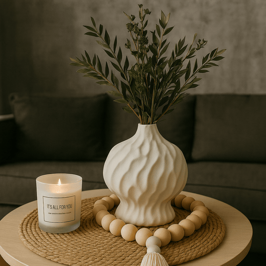 Pack Decorativo “Encanto Natural” – Jarrón + Guirnalda de Madera + Vela Aromática + Base de Yute + "ENVIO GRATIS" - KB Home