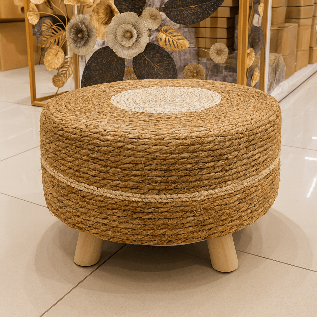 Puff Redondo de Yute Natural con Patas de Madera – Asiento Decorativo Boho - KB Home